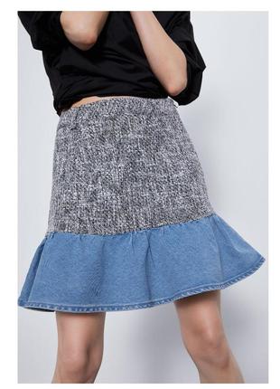 Zara твидовая юбка с контрастным денимом р.м