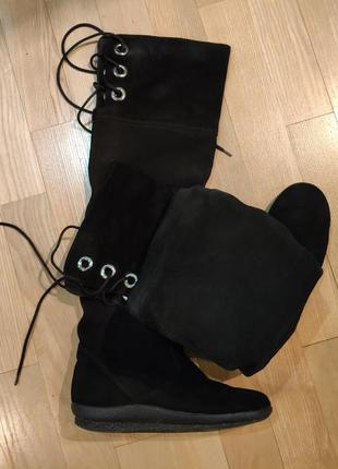 Високі зимові замшеві шкіряні чоботи ботфорти з овчиною чорні без каблука9 фото