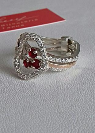 🫧 16.5 розмір кільце срібло золото серце фіаніт червоний білий