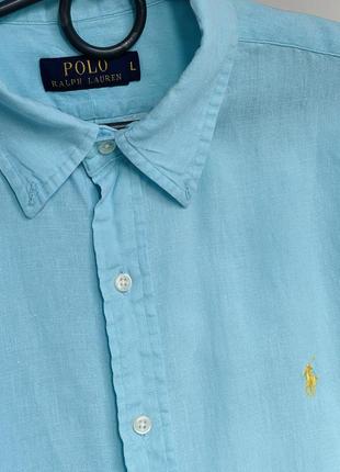 Рубашка короткий рукав лен polo ralph lauren бирюзовый желтый лого l2 фото