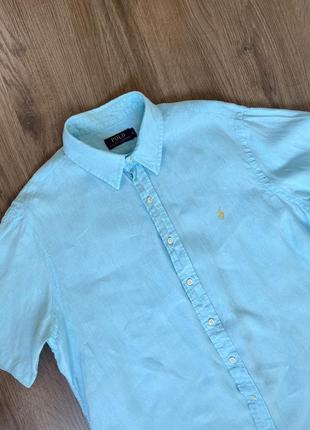 Рубашка короткий рукав лен polo ralph lauren бирюзовый желтый лого l10 фото