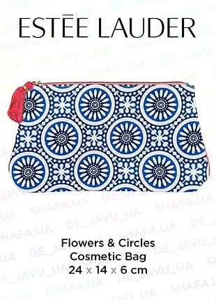 Косметичка estee lauder з щільної тканини з принтом flowers & circles white blue cosmetic bag