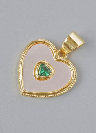 Кулон "серце" перламутр та зелений кристал, золотистий колір металу d-14х14мм l-19мм+-