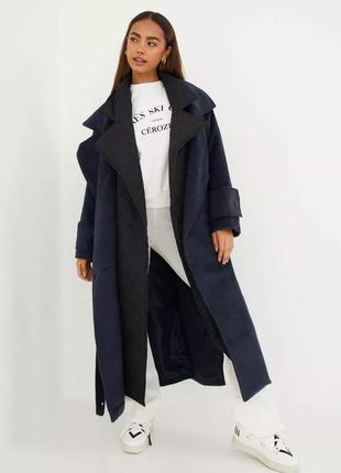 Missguided пальто темно синее чёрное с утеплителем миди прямое длинное базовое оверсайз