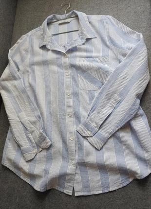 Натуральная рубашка(коттот+лен) белого цвета в вертикальную полоску большого размера4 фото