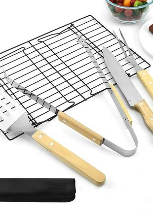 Набір інструментів для барбекю 4в1 + чохол / прибори для гриля (лопатка, щипці, вилка, ніж)2 фото