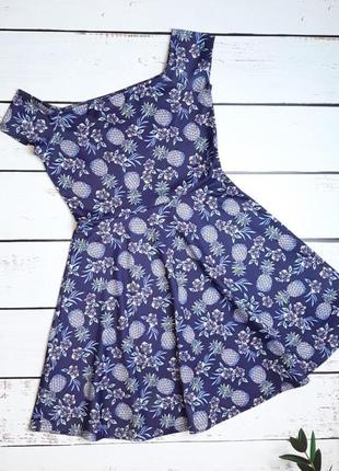 1+1=3 синее короткое платье в ананасах new look, размер 42 - 442 фото
