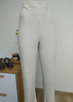 H&m базові трикотажні в'язані широкі штани в рубчик палаццо клюш з розрізами на високій посадці білі молочні l xl xxl4 фото