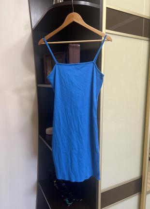 Платье 👗 женское летнее на бретелях мини в рубчик базовая трендовая модель синего красивого цвета2 фото