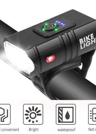 Яскрава велофара передня акумуляторна. велосипедна фара ліхтарик + led-індикатор btr90. ліхтарі для велосипедів1 фото