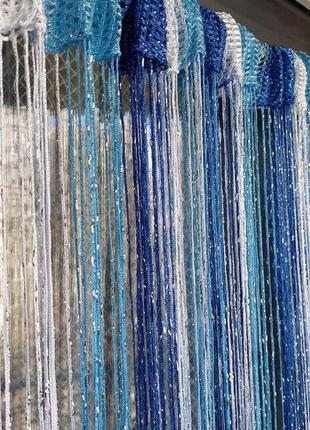 Штори нитки кісея дощ з люрексом райдужні № 1-11-208 білий/блакитний/синій 3м на 2.8 м більше 50 кольорів