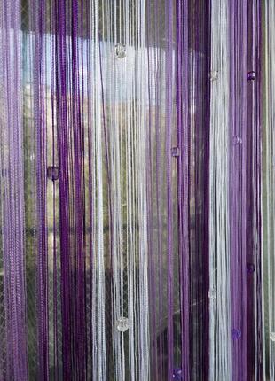 Штори нитки кісея зі стеклярусом без люрексу райдужні № 1-12-205 білий/бузковий, фіолетовий 3 м на 2.8 м8 фото
