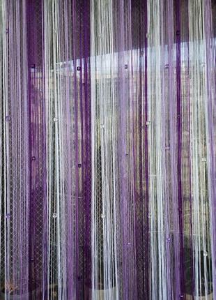 Штори нитки кісея зі стеклярусом без люрексу райдужні № 1-12-205 білий/бузковий, фіолетовий 3 м на 2.8 м6 фото