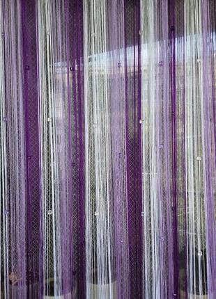 Штори нитки кісея зі стеклярусом без люрексу райдужні № 1-12-205 білий/бузковий, фіолетовий 3 м на 2.8 м5 фото