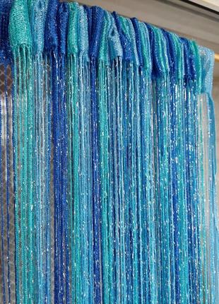 Штори нитки кісея дощ з люрексом райдужні № 1-11-201 білий/блакитний/бірюзовий 3м на 2.8 м більше 50 кольорів