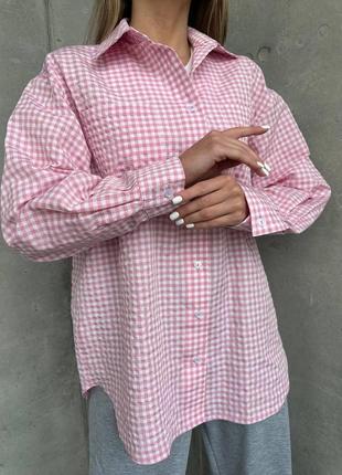 Женская хлопковая рубашка розовая в клетку в размерах s-l классическая свободного кроя на пуговицах4 фото