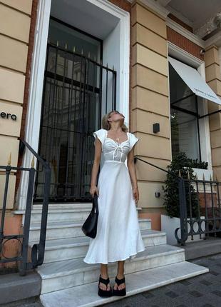 Женское белое летнее муслиновое платье 42-46 100% хлопок длинное с коротким рукавом со шнуровкой на спине1 фото
