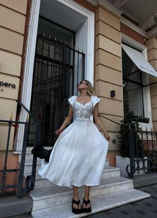 Женское белое летнее муслиновое платье 42-46 100% хлопок длинное с коротким рукавом со шнуровкой на спине7 фото