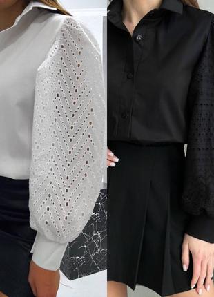 Бавовняна сорочка рубашка з об'ємними мереживними рукавами, блузка блуза котон