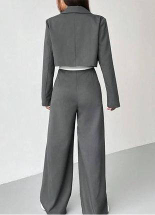 Брючный костюм тройка (укороченный жакет/пиджак+ штаны палаццо/брюки+топ),костюмка + коттон,графит + белый6 фото