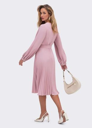 60970 розовое платье с юбкой плиссе длинный рукав2 фото