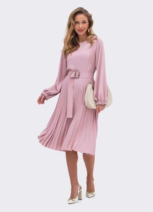 60970 розовое платье с юбкой плиссе длинный рукав1 фото