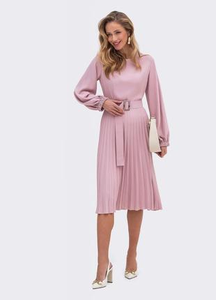 60970 розовое платье с юбкой плиссе длинный рукав3 фото