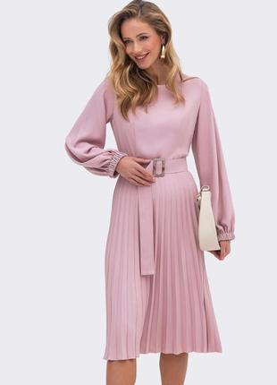 60970 розовое платье с юбкой плиссе длинный рукав4 фото