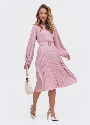 60970 розовое платье с юбкой плиссе длинный рукав5 фото