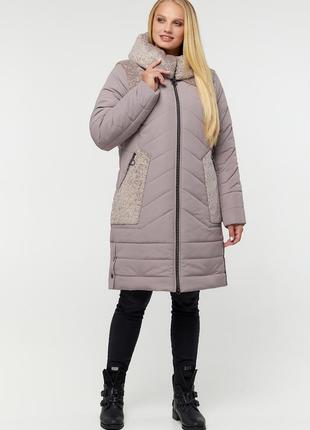 Теплый зимний пудровая куртка пуховик с искусственным каракулем большие размеры