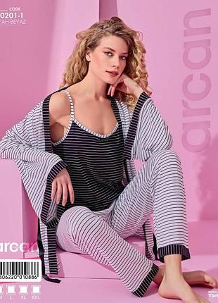 Стильна жіноча піжама халат майка та штани віскоза туреччина в смужку