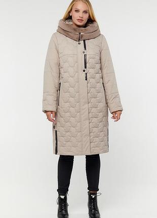 Шикарная зимняя бежевая кремовая куртка пуховик с искусственным мутоном большие размеры