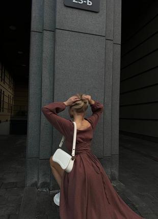 Платье миди свободного кроя с разрезом из натурального муслина с рукавами серая коричневая стильная трендовая8 фото