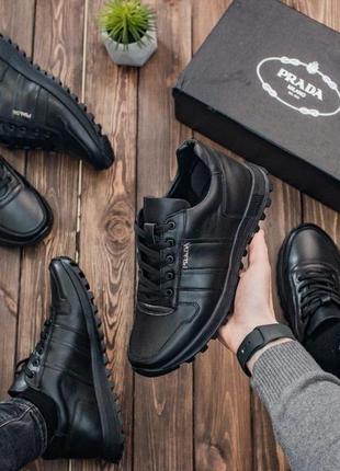 Кросівки prada black з натуральної шкіри ! повсякденне шкіряне взуття виробник - україна1 фото