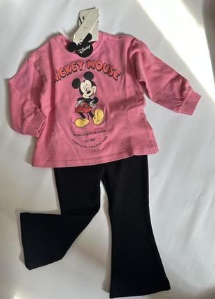 Костюм zara disney mickey miuse 86 92 комплект набір легінси лосини в рубчик чорний світшот кофта реглан рожевий