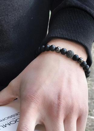 Мужские браслеты из натуральных камней и кожи minimalism черные (комплект)7 фото