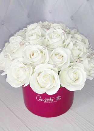 Букет квітів зі спіненого мила троянди з мила на подарунок у коробці6 фото