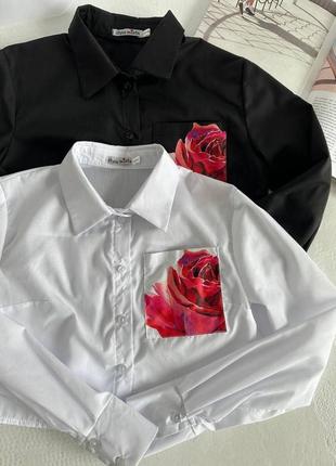 Рубашка укороченная, с карманом, топ, рубашка, короткая, черная, белая, с вышивкой, с принтом6 фото