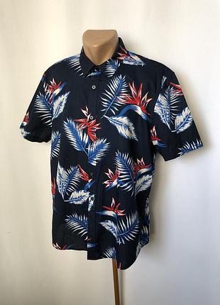 Гавайка синяя с перьями листьями папоротник хлопок l гавайская рубашка сорочка тенниска