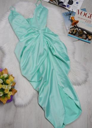 Платье ментолового цвета с драпировкой асимметричное платье1 фото