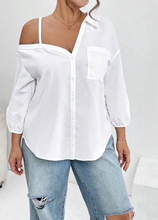 Блуза блузка рубашка классическая женская базовая нарядная праздничная деловая с открытым плечом белая черная батал больших размеров5 фото