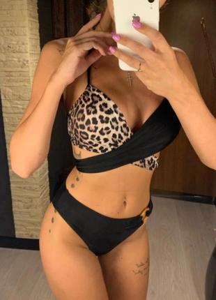 Женский раздельный купальник с кольцом на плавках strap черный леопард4 фото