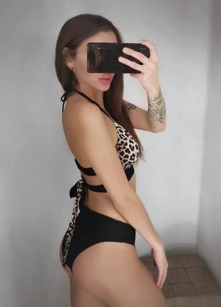 Женский раздельный купальник с кольцом на плавках strap черный леопард10 фото