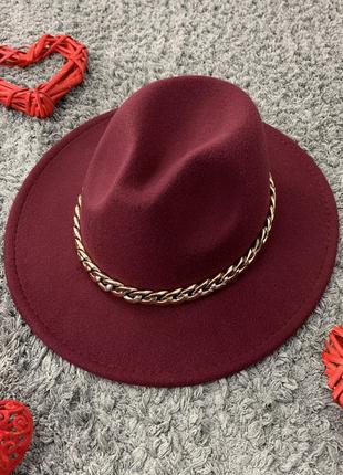 Шляпа федора бордовая с устойчивыми полями golden унисекс2 фото