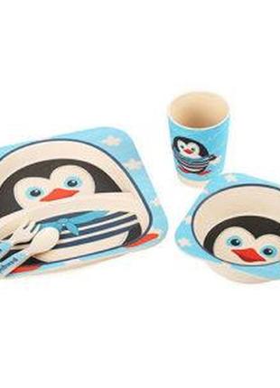 Посуда бамбуковая детская "пингвин" 5пр/наб (2 тарелки, вилка, ложка, стакан) mh-2770-14