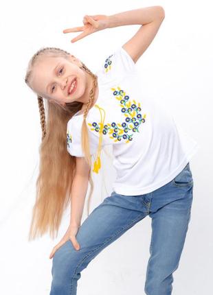 Вышиванка для девочки, детская подростковая вышитая футболка, блуза, рубашка с васильками, с цветами3 фото