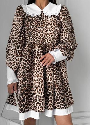 Платье женская короткая мини нарядная базовая повседневная черная коричневая с рукавом с белым воротничком леопардовая демисезонная весенняя свободная оверсайз7 фото