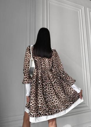 Платье женская короткая мини нарядная базовая повседневная черная коричневая с рукавом с белым воротничком леопардовая демисезонная весенняя свободная оверсайз5 фото