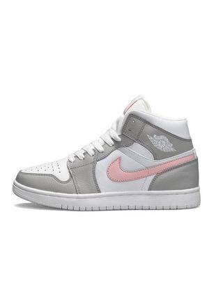 Кроссовки nike air jordan 1 серые с белым и розовым4 фото