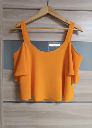Яркая легкая актуальная блуза открытые плечи рукава-воланы4 фото